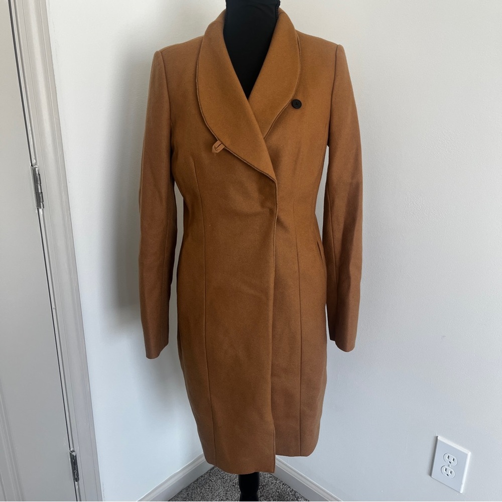 ZARA Outerwear Camel Wool Blend Coat Shawl Collar Longline Size M